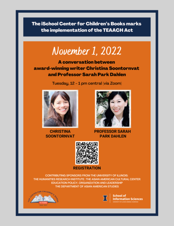 Poster for the event. Images of Christina Soontornvat (left) and Professor Sarah Park Dahlen (right), above a registration QR code (center)
