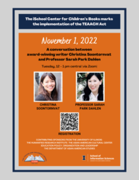 Poster for the event. Images of Christina Soontornvat (left) and Professor Sarah Park Dahlen (right), above a registration QR code (center)