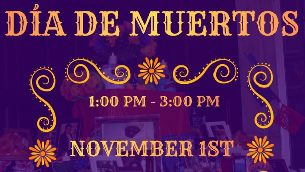 Flyer for La Casa Cultural Latina’s Día de Muertos celebration. The design features a purple background with a Día de Muertos altar covered in photographs, flowers, candles, and decorative elements. Orange marigold flowers and ornamental flourishes frame the text. Event details: “Día de Muertos,” November 1st, 1:00 PM–3:00 PM, at 1203 W Nevada St. The flyer invites attendees to “Acompáñenos a una celebración de vida.” University of Illinois Student Affairs and La Casa logos appear at the bottom.