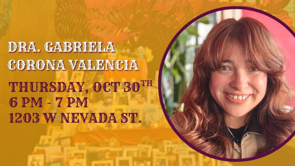 Promotional flyer for a Día de Muertos educational workshop titled “Zines: Death, Dying & Grief.” The background shows a Día de Muertos altar decorated with papel picado and framed photographs, overlaid with a gold-orange tint. Text reads: “An Educational Workshop on Dia de Muertos.” Event details include Dra. Gabriela Corona Valencia, Thursday, Oct. 30, 6 PM-7 PM, and 1203 W Nevada St. A circular portrait photo appears on the right side of the flyer. Along the bottom are logos for Student Affairs, University of Illinois Urbana-Champaign, La Casa, and Latina/Latino Studies. The flyer uses purple and white decorative lettering on a gold-orange background.