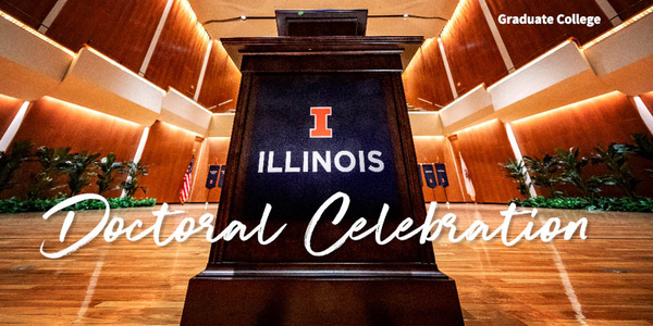 A podium on the Krannert stage with an orange block I and the words: Illinois doctoral celebration.