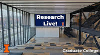 A view of the CIF Atrium. "Research Live!" is on a screen in the center of the space.