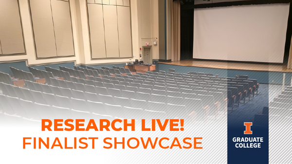 Research Live Finalist Showcase, background picture is a photo of Gregory Hall