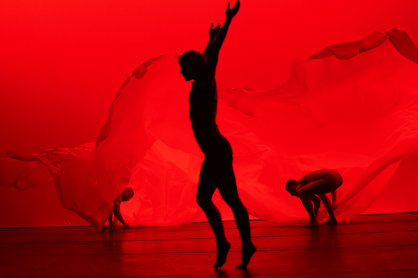 GALLIM Dance - silhouette of a dancer with extended arms above their head against a red background