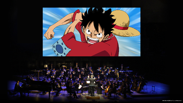 Image of symphony orchestra playing below animated images from the One Piece TV series