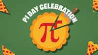Promotional Image for Pi Day Celebration. The image shows a pie with the pi symbol on it.