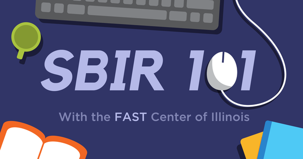 Abstract graphic image that says SBIR 101 with the FAST Center of Illinois