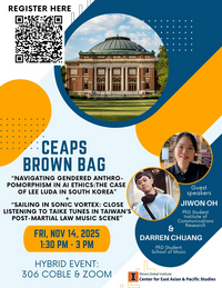 A flyer for CEAPS Brown Bag talk "Navigating Gendered Anthropomorphism in AI Ethics” + “Sailing in Sonic Vortex" by speakers Jiwon Oh + Darren Chuang