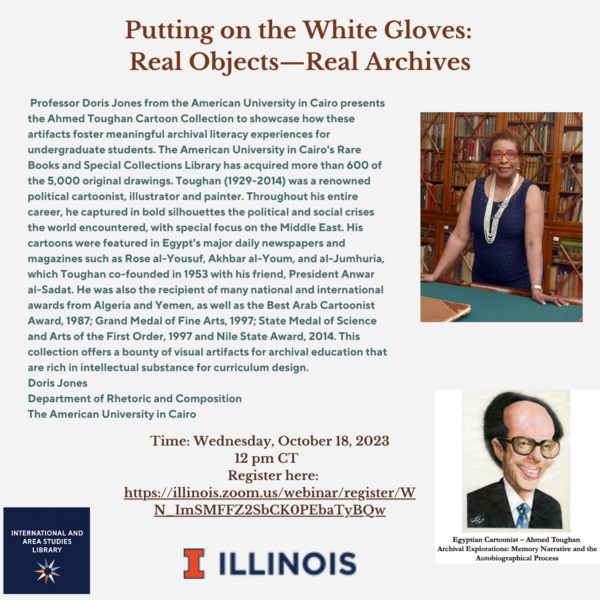 A poster of the talk "Putting on the White Gloves: Real Objects--Real Archives"