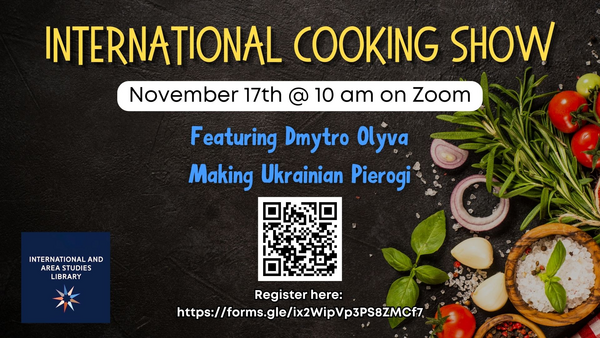 Text describing event and speaker information over dark background of a table with food ingredients.