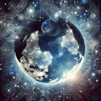 Globe with Antarctica in the north surrounded by computer imagery