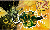Drawing of a man with a microphone shouting. Images of Black American icons come out of his mouth, like Dr. King, Angela Davis, Malcom X, and african masks. Dr. King has a speech bubble that say Speak Cafe