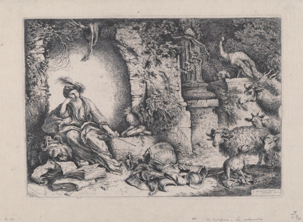 Shown is a black and white image of Circe sitting on a stone seat with a dismayed look whilst looking at the animals accompanying her of which used to be the companions of Odysseus from the well-known story "The Odyssey". Some animals displayed are: a goat, a dog, the head of a giraffe, a reindeer, and a peacock.