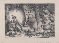 Shown is a black and white image of Circe sitting on a stone seat with a dismayed look whilst looking at the animals accompanying her of which used to be the companions of Odysseus from the well-known story "The Odyssey". Some animals displayed are: a goat, a dog, the head of a giraffe, a reindeer, and a peacock.