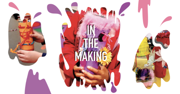 Splashes of cartoon paint in purple and pink with splash images of construction paper and yarn tube creations with various different features such as feathers, flowers, and fireflies.