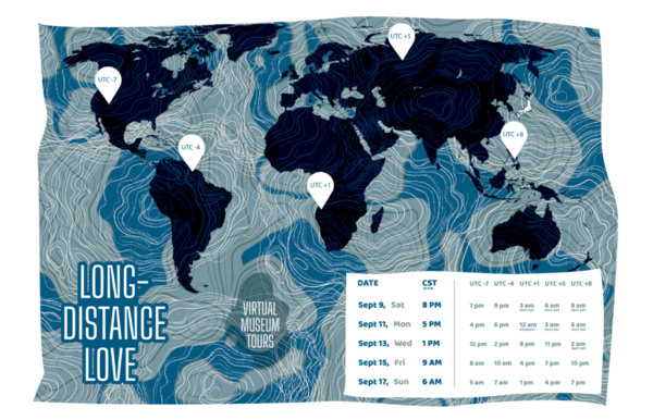 Graphic of the seven continents of the world in a flat map filled with geoglyph spirals and lines with location markers at different parts of the world. Also shows dates and times that virtual tours will take place.