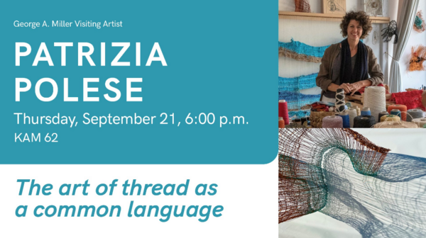 Graphic of three parts: information about the talk on the left, image of a grown woman standing before yarn on the upper right and a complete fabric art piece that twists in the air on the lower right