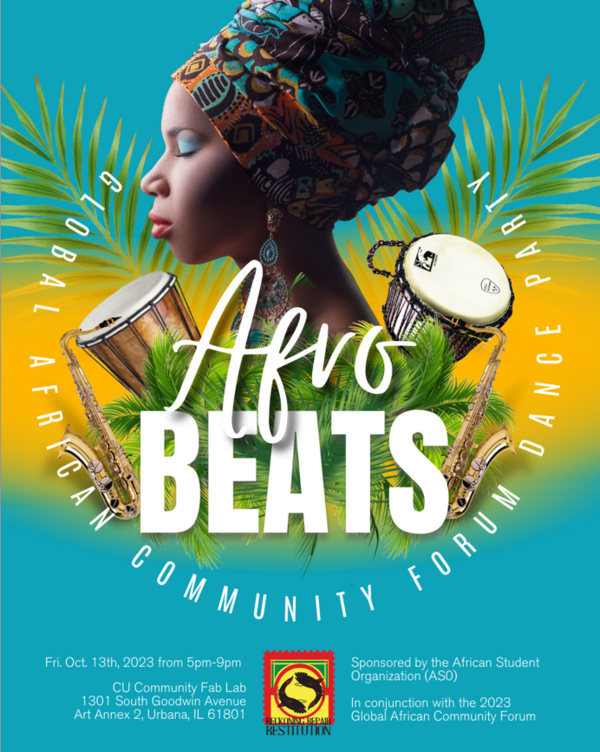 Image from the side of a woman wearing a patterned head wrap with her eyes closed and instruments below her. Words on the bottom containing information.