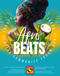 Image from the side of a woman wearing a patterned head wrap with her eyes closed and instruments below her. Words on the bottom containing information.