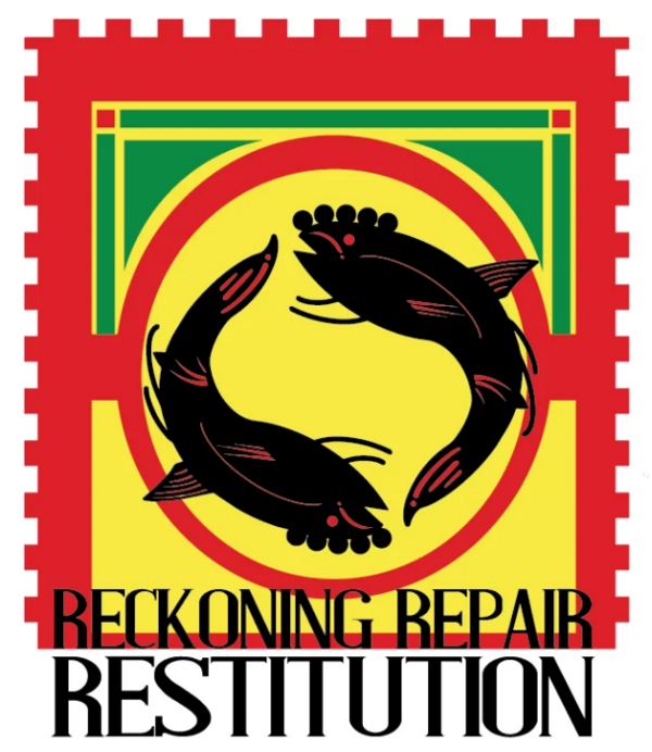 Two black fish circling each other in a yellow circle surrounded by red and yellow squares.