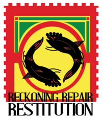 Two black fish circling each other in a yellow circle surrounded by red and yellow squares.