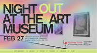 colorful overlay, gallery view behind of paintings on white wall, Night Out at the Art Museum, Feb 27, Krannert Art Museum, 500 E. Peabody Dr., Champaign, 5:30-7:30 pm, Thurs., Feb 27th, Uniting Pride of Champaign County, Krannert Art Museum, Art-making, Music, Food, Tours, Demos, Fun
