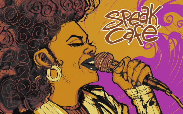illustration of woman in profile, holding a mic to her lips, with bright colors and lively lines