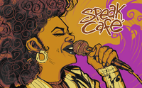 illustration of woman in profile, holding a mic to her lips, with bright colors and lively lines