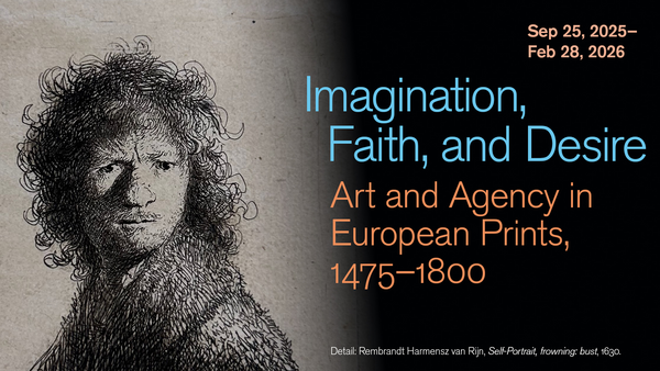 black and white drawing of man's head and shoulders, self-portrait, exhibition info