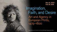 black and white drawing of man's head and shoulders, self-portrait, exhibition info