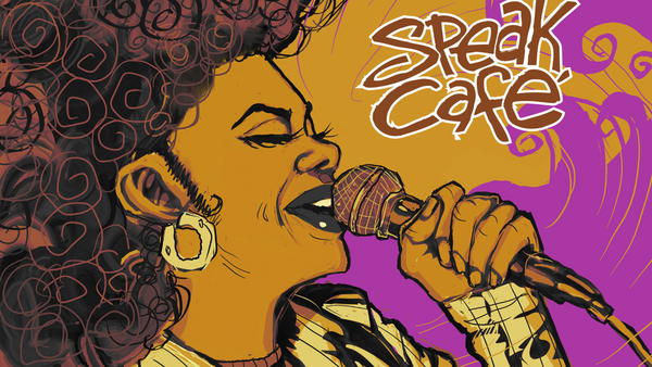 colorful drawing of black woman profile speaking into a mic, curly hair