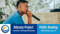Student holding a microphone doing a reading