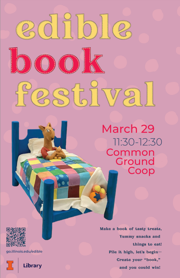 A baby llama wearing red pajamas, sculpted from fondant, lays in a bed made from cake. The text says "edible book festival. March 29, 11:30-12:30 at Common Ground Coop." "make a book of tasty treats, yummy snacks and things to eat! Pile it high, let's begin - create your book, and you could win!"