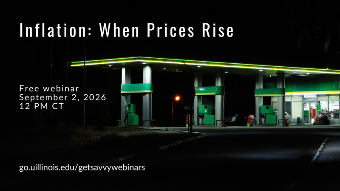 Photo of a gas station at night with details about Inflation: When Prices Rise webinar