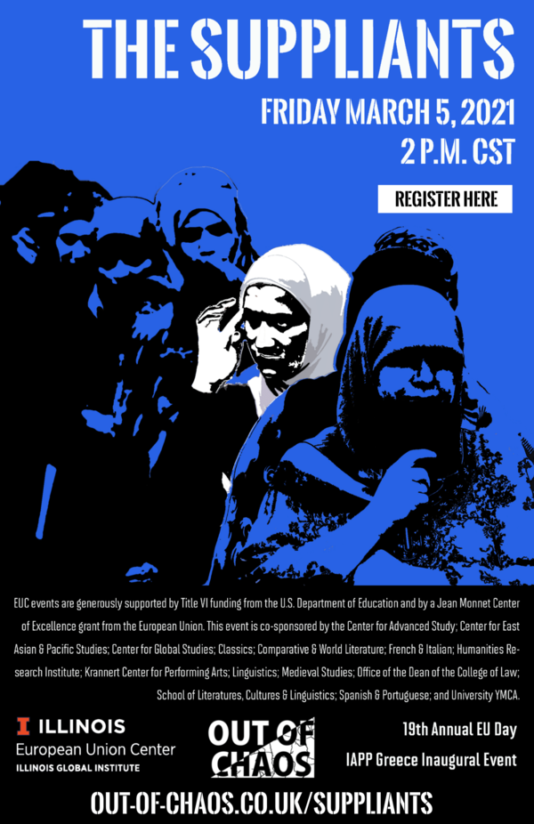 Suppliant program flyer. Illustration of refugees standing in a line.