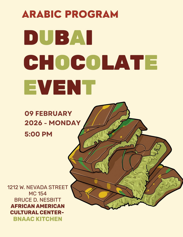 Flyer for a Dubai Chocolate event hosted by the Arabic Program, including the event title, date, time, and location.