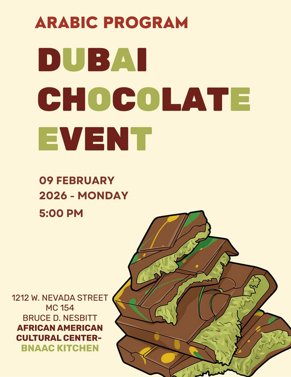 Flyer for a Dubai Chocolate event hosted by the Arabic Program, including the event title, date, time, and location.