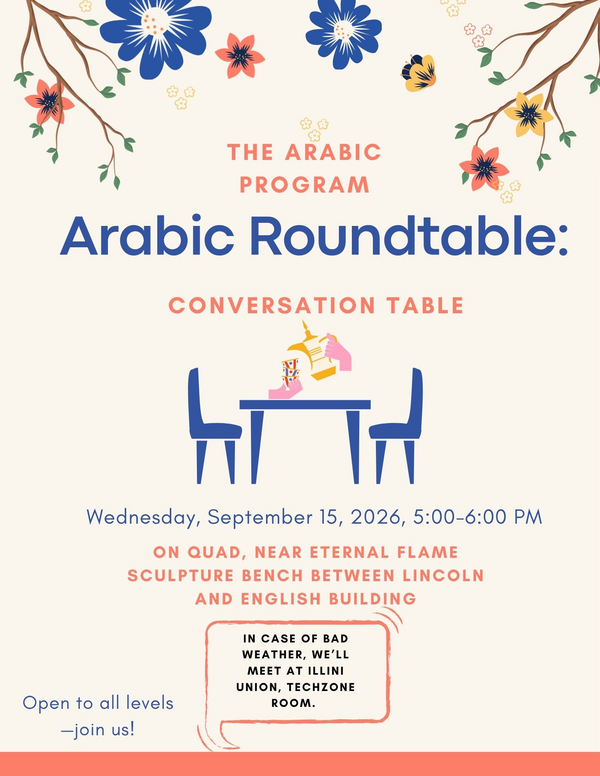 Flyer advertising the Arabic Roundtable, including the event title, date, time, and location. The event focuses on learning Arabic phrases and vocabulary in a welcoming, all-level environment.