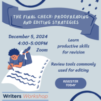 the final check: proofreading & editing strategies. 12/5/24 4-5pm on Zoom. Learn revision skills and review tools commonly used for editing.