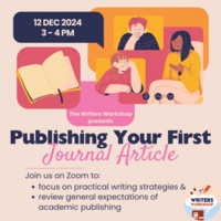Publishing your first journal article: 12/3/24 3-4pm. Join us on zoom to focus on practical writing strategies & review general expectations of academic publishing.