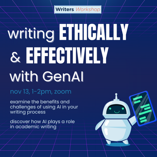 writing ethically and effectively with genAI event flyer. 11/13 1-2pm on Zoom. examine benefits and challenges of using AI in writing process.