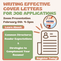 Effective cover letters for job applications. Feb 6 4-5pm on Zoom.