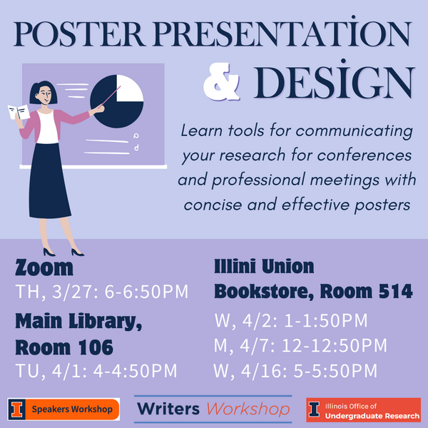 event flyer listing all sessions: on Zoom - 3/27 from 6-6:50pm; Main Library 106 4/1 4-4:50pm; Illini Bookstore Building 514 4/2 from 1-1:50pm, 4/7 from 12-12:50pm, and 4/16 from 5-5:50pm