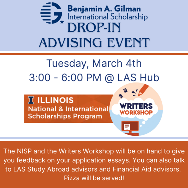 gilman scholarship drop-ins at Lisnek LAS Hub 3/4 from 3-6pm