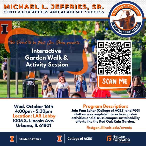 Information on flyer, image of students walking through the quad.