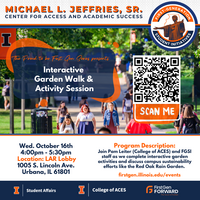 Information on flyer, image of students walking through the quad.