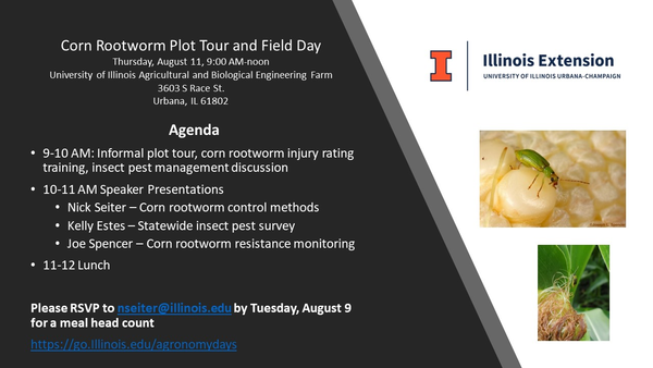 Flyer announcing Corn Rootworm Plot Tour and Field Day to be held at UIUC ABE Farm (3603 S Race St, Urbana) on Thursday, August 11 at 9:00 AM