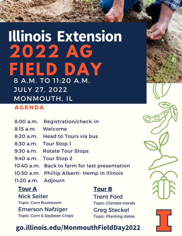 Flyer announcing Monmouth Illinois Extension Ag field day, July 27 from 8:00-11:20 AM, Monmouth, IL