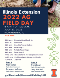 Flyer announcing Monmouth Illinois Extension Ag field day, July 27 from 8:00-11:20 AM, Monmouth, IL