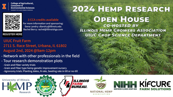 Flier announcing 2024 Hemp Research Open House. See calendar entry for details on registration, CCA credits, and content. Event will take place at the UIUC Fruit Farm, 2711 S. Race St., Urbana, IL on August 2 from 9:00 AM-12:00 PM.